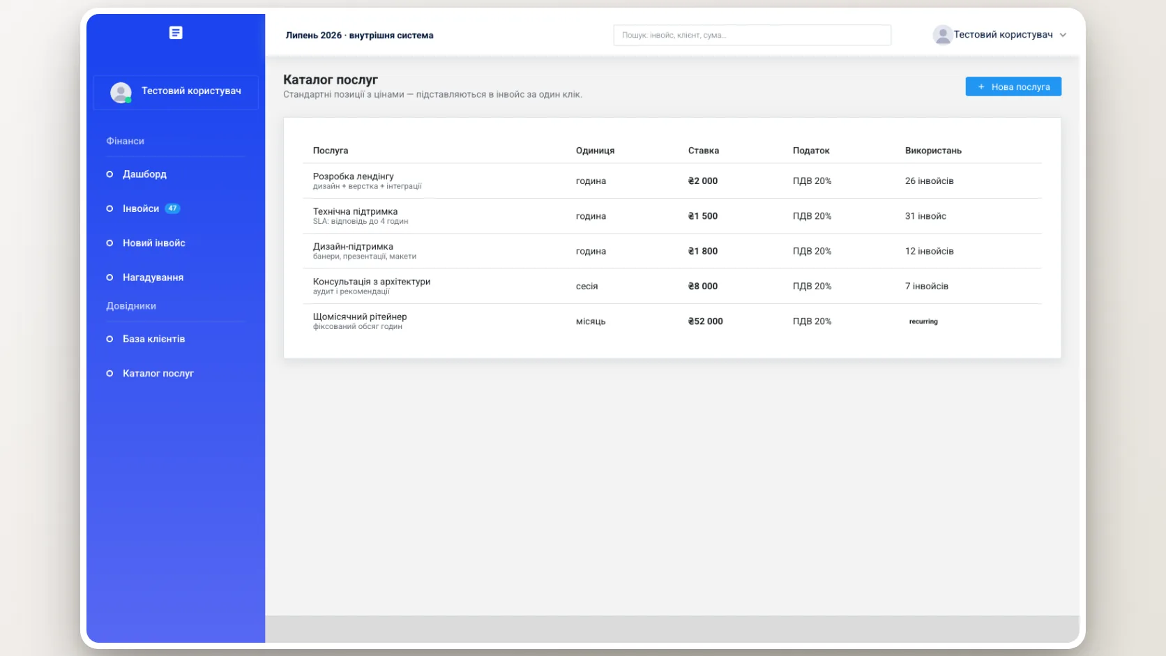 Service catalog feeding the invoice builder